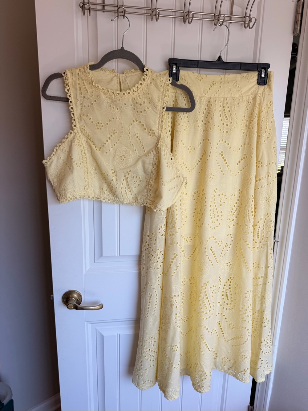 Women's Yellow Eyelet Maxi Skirt and Crop Top Set